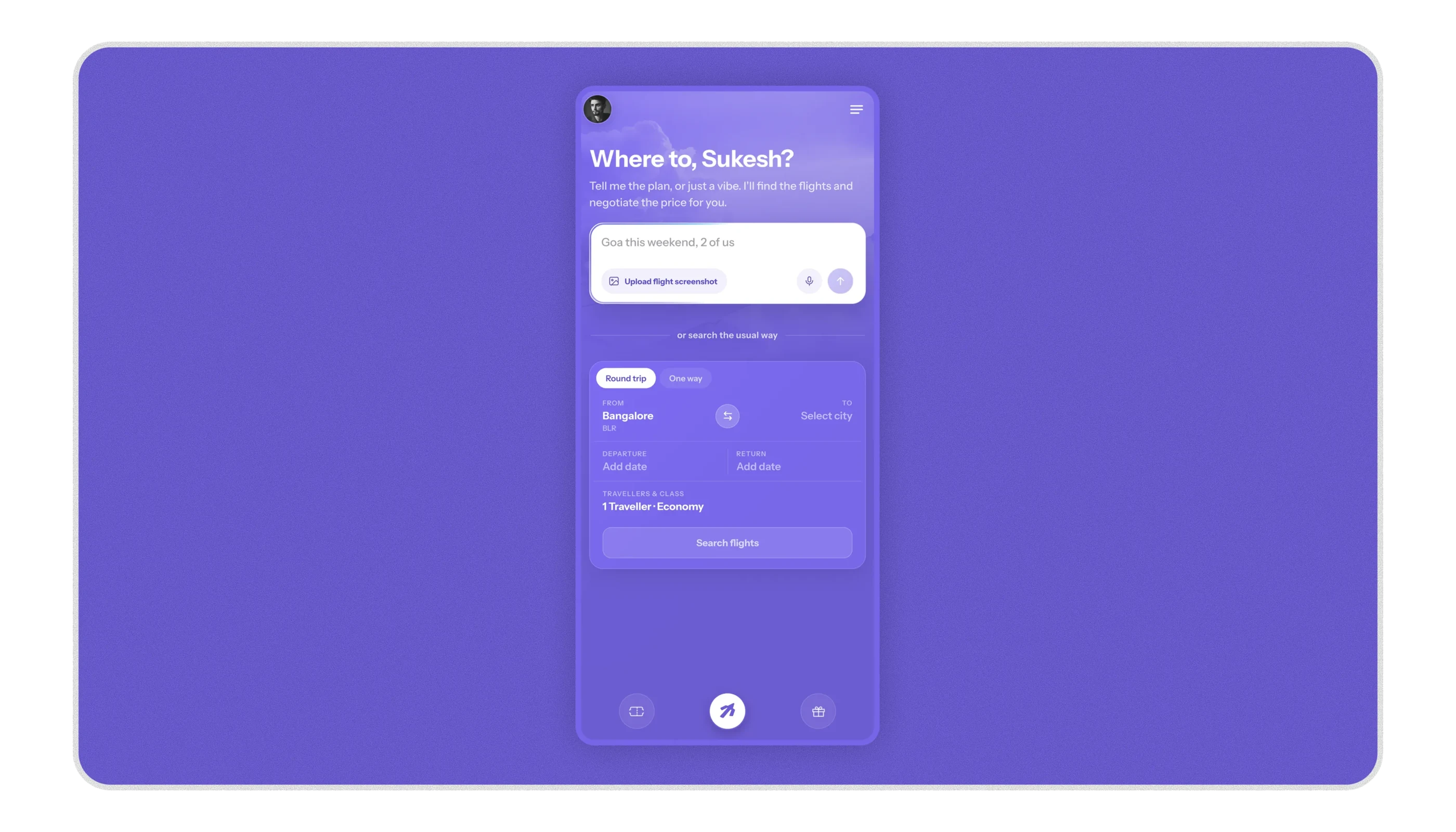 Away — AI travel booking, the negotiate-first home screen