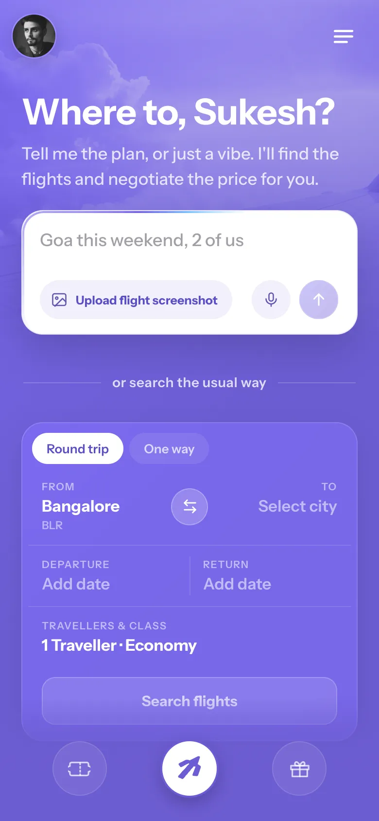 Entry screen — an intelligent search with the usual form right below