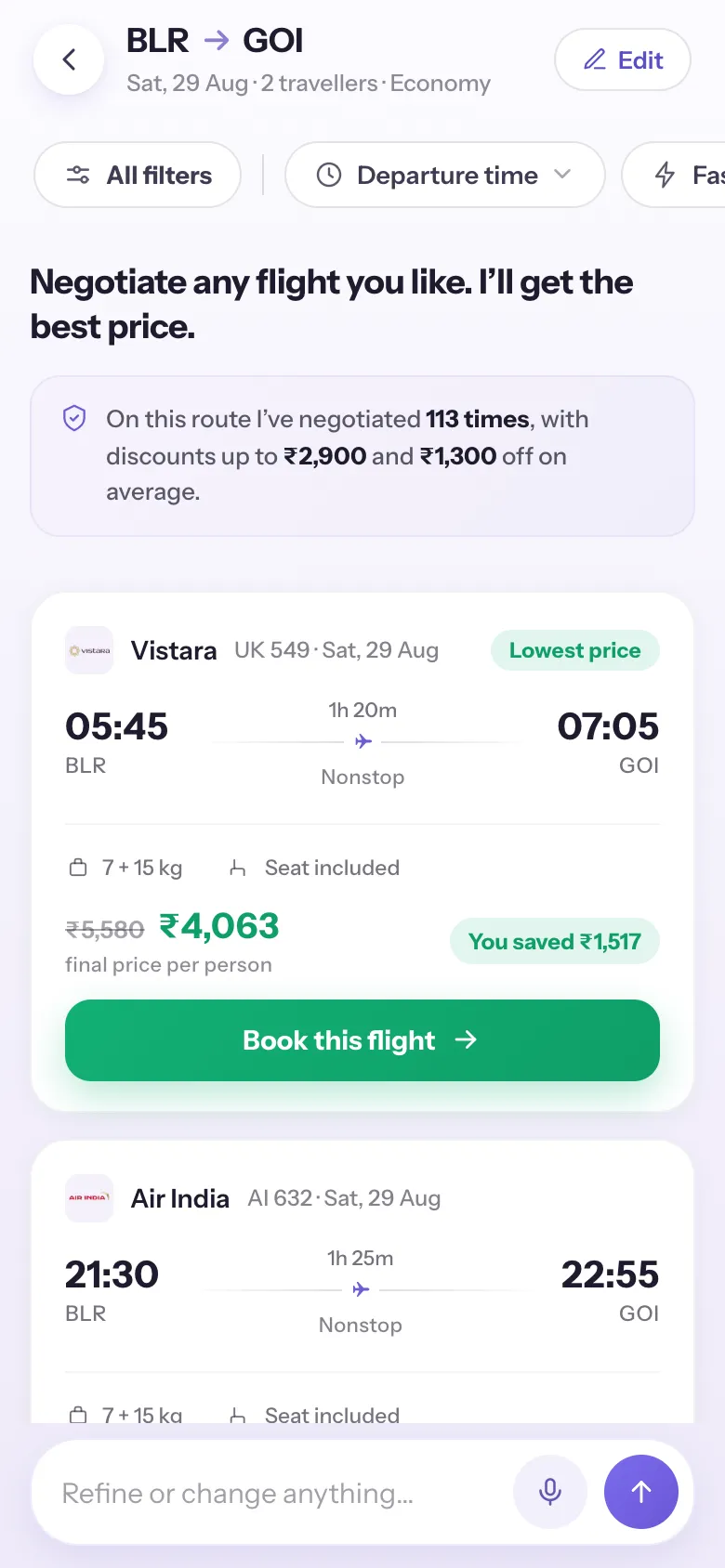The negotiated fare — final price in green with a You saved chip
