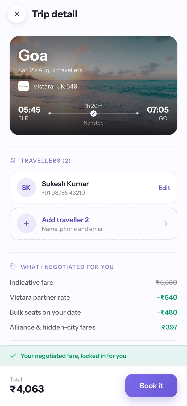 Trip detail — travellers and the full negotiated breakdown before you pay