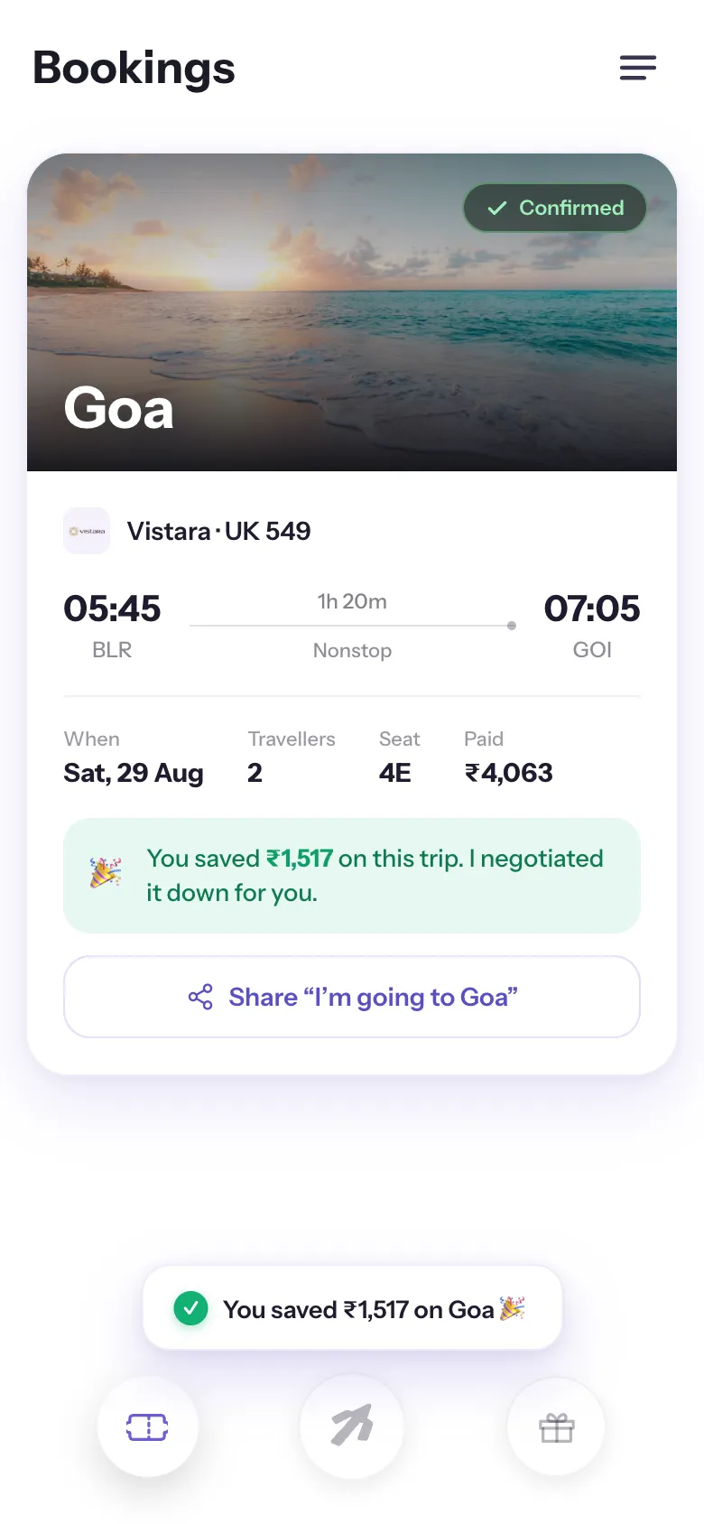 Confirmation — a real destination photo, the saving, and a one-tap share