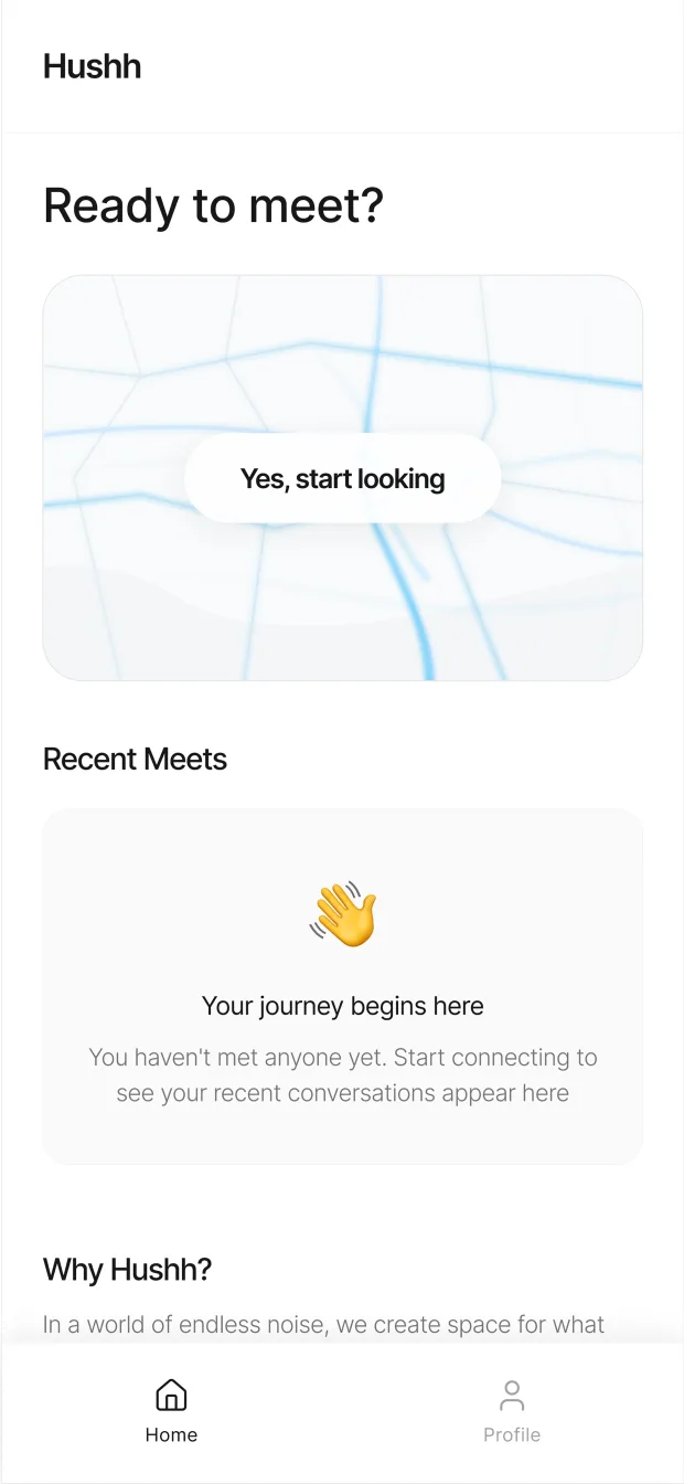 Meethushh — the home screen, ready to meet