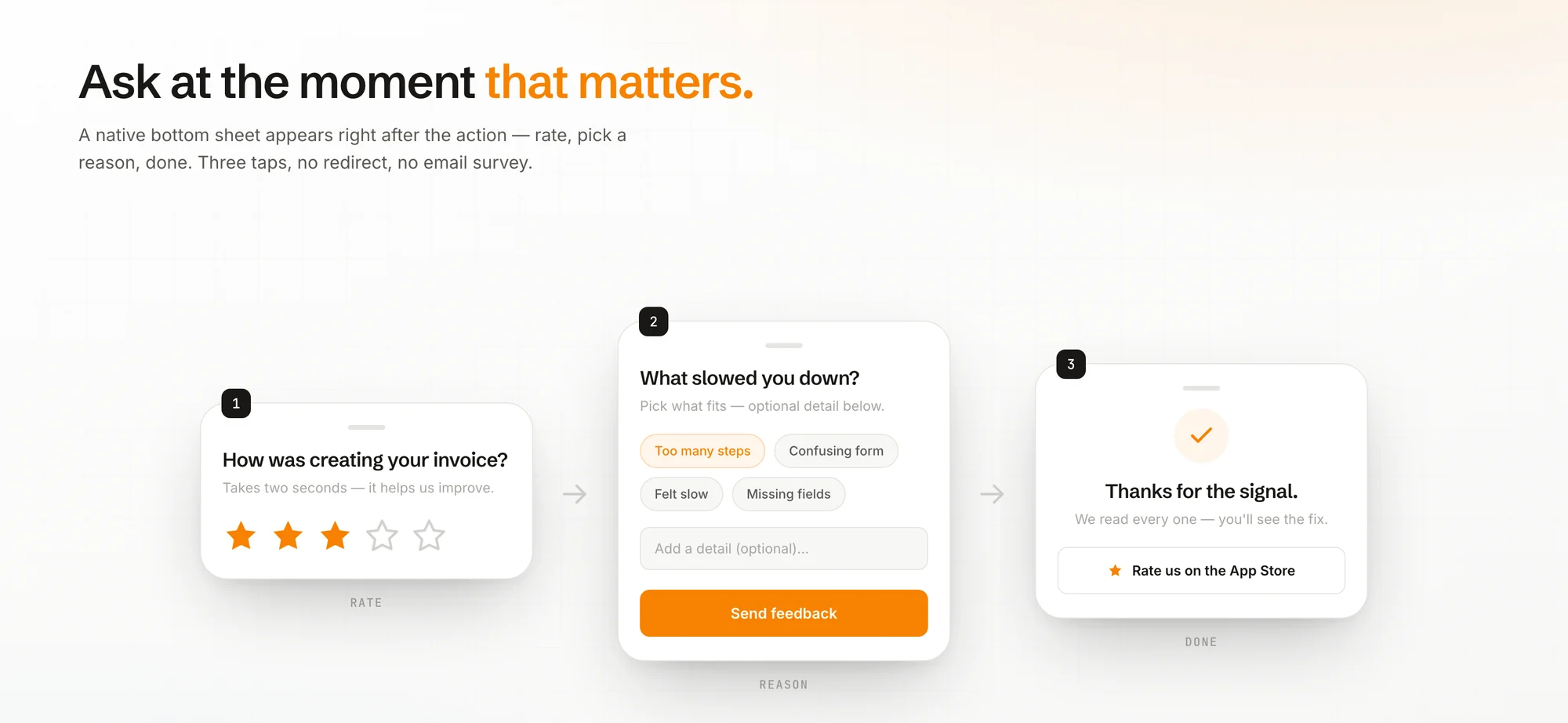 Signal in-app feedback sheet — rate, pick a reason, done in three taps, no redirect