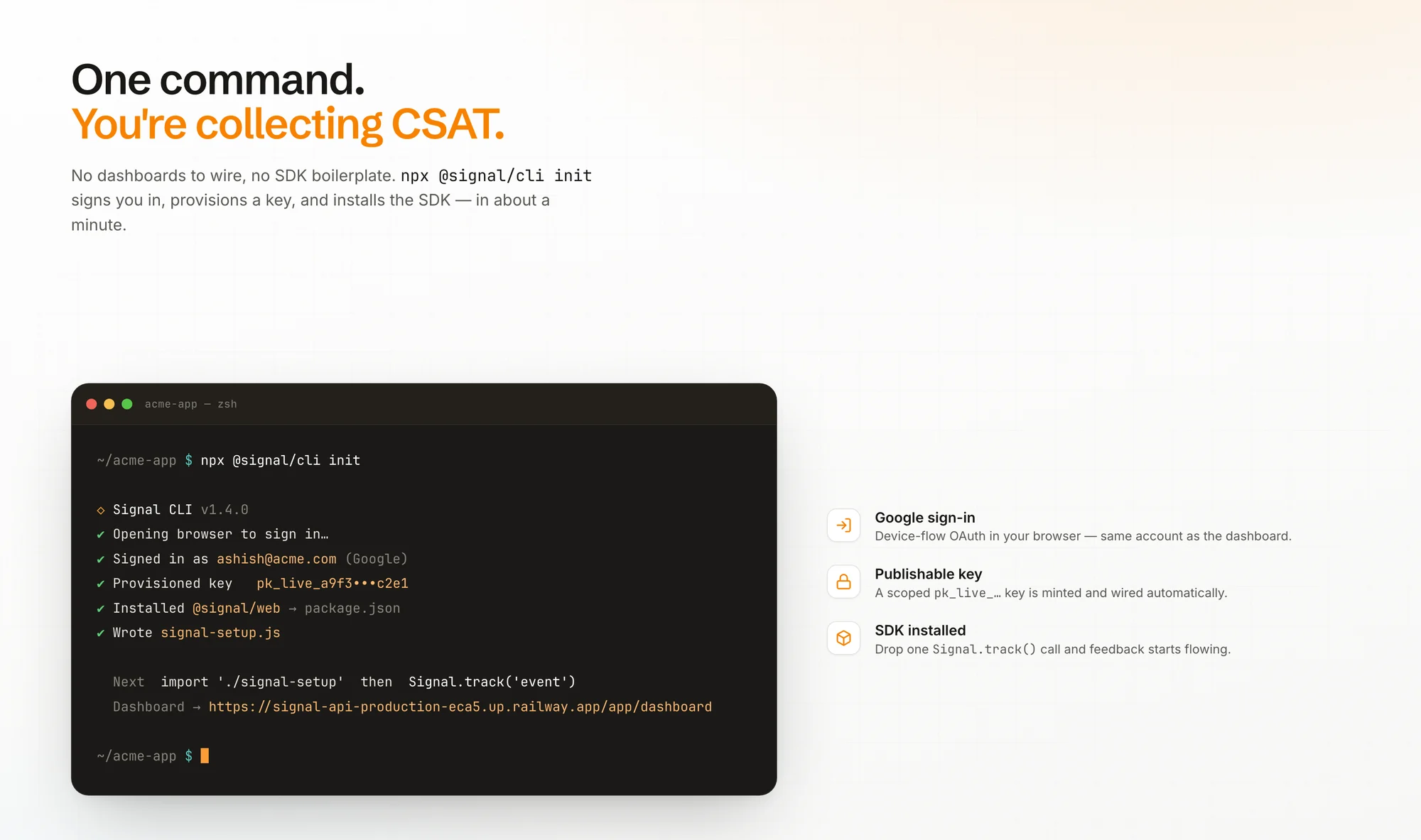 Signal setup — npx @signal/cli init signs you in, provisions a key and installs the SDK in about a minute